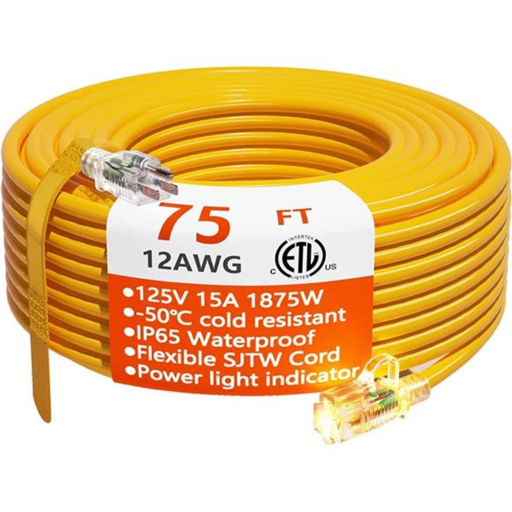 12/3 Gauge Heavy Duty Outdoor Extension Cord 75 ft Waterproof with Lighted end